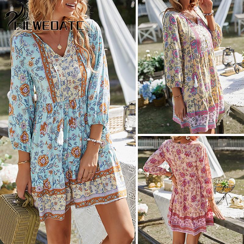 

Богемное повседневное курортное платье с короткой юбкой S