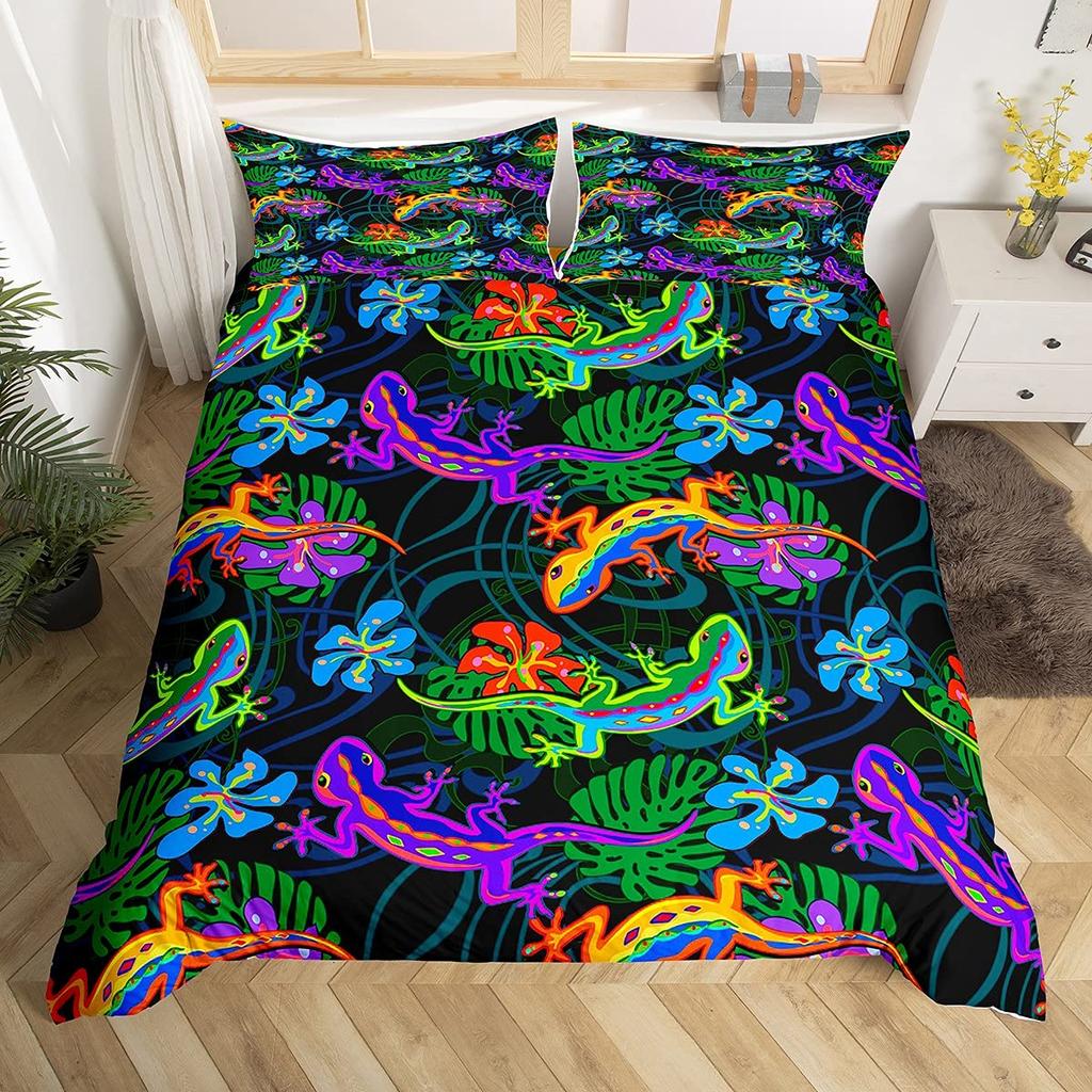 Lizard Duvet Cover Set Reptile Bedding Sets King Size for Boys Girls Toad Tropical Animal Purple Floral Exotic Comforter Cover