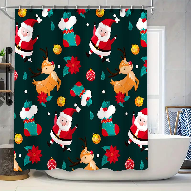 

Christmas Shower Curtain Set Reindeer And Santa Claus Decorated Waterproof Bathroom Linen Print Festive Home Decoration For Merr W60H190(CM)-1 Pcs