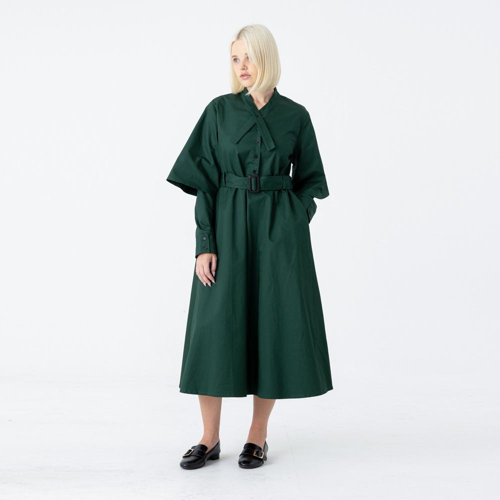 Bunderghost Tie-Neck Collar Flare Long Dress Green