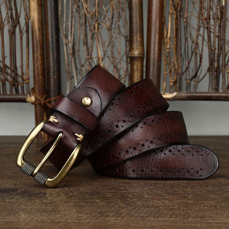 Retro Fashion Personality Trend Hollow First Layer Cowhide Needle Buckle Belt Men'S Genuine Leather Jeans Belt