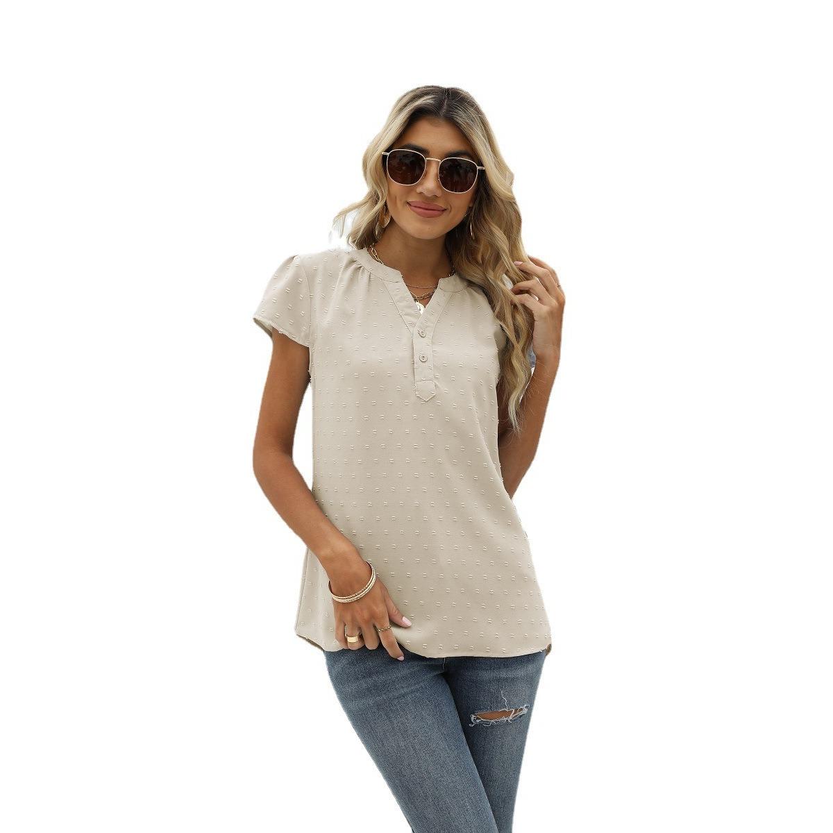 

Summer Women s Solid Textured Chiffon Blouse, Loose V-Neck Pullover Short Sleeve Top, European & American Style Casual Top XXL абрикосовий