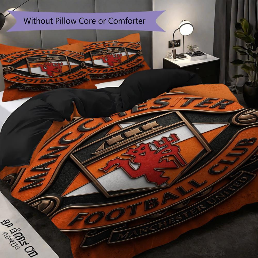 Manchester emblem purple background Bedding (1 * duvet cover + 2 * pillowcase, without core) 2D Flat Soft and comfortable Christmas birthday gift