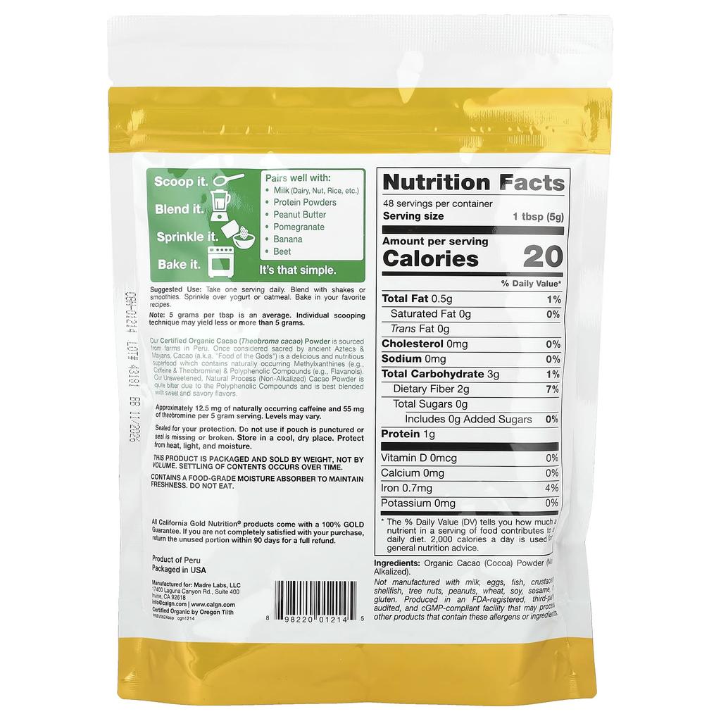 California Gold Nutrition, Superfoods, Organic Cacao Powder, 8.5 oz (240 g)