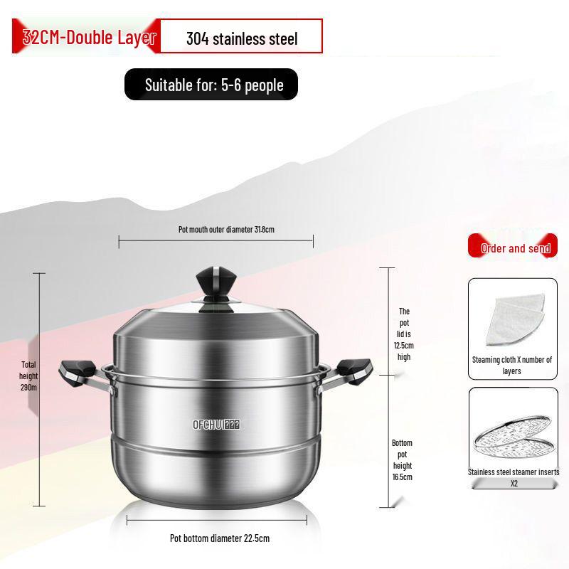 Large 304 Stainless Steel Three-Layer Household Steamer for Induction and Gas Stoves