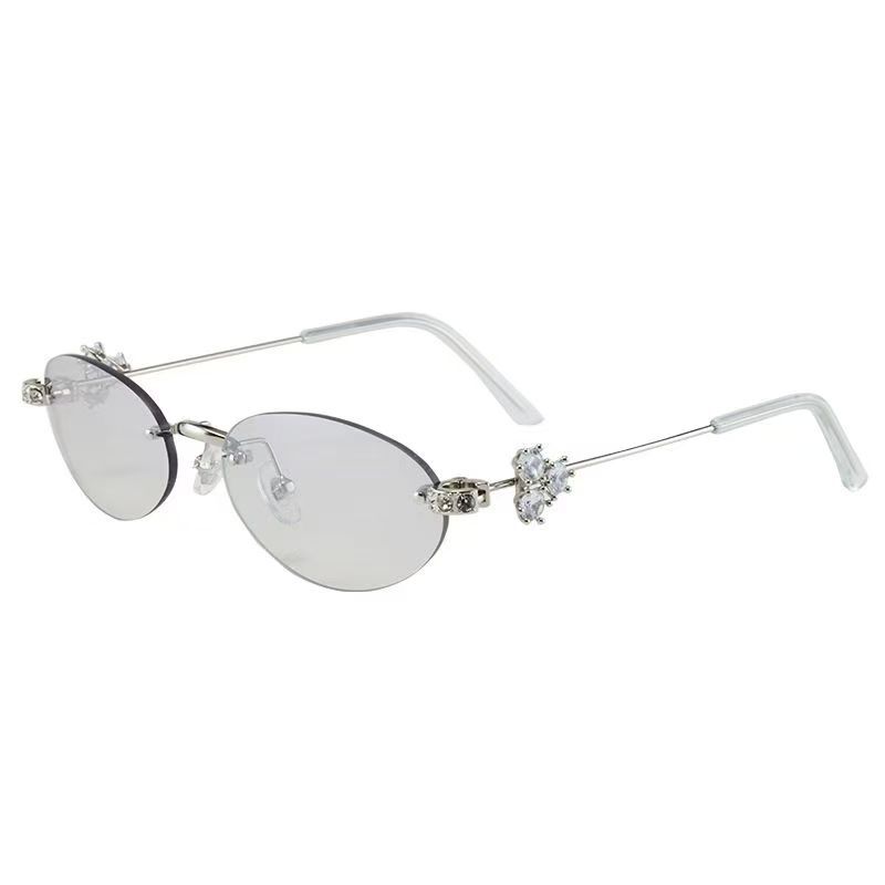 Korean Fashion Women'S Sunglasses Oval Shape Rimless Anti-Glare Sun Glasses Women Rhinestone Decoration Female Sunglass