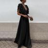 Women Evening Dress Low Cut V Neck Flying Sleeves Ruffled Pleated High Waist Solid Color Floor Length Prom Cocktail Party Formal Elegant