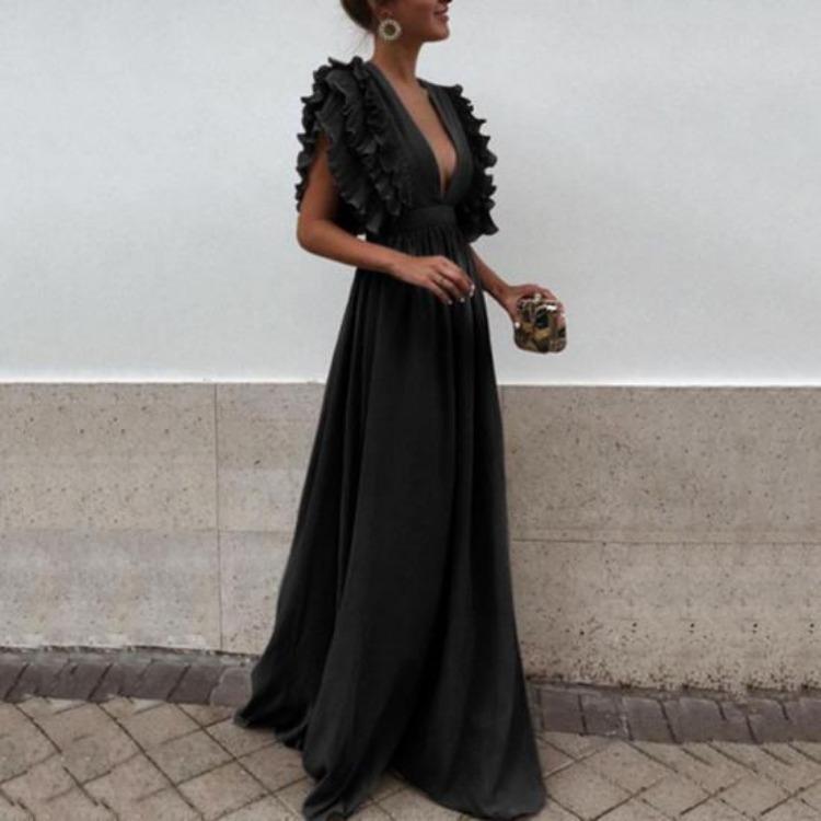 Women Evening Dress Low Cut V Neck Flying Sleeves Ruffled Pleated High Waist Solid Color Floor Length Prom Cocktail Party Formal Elegant