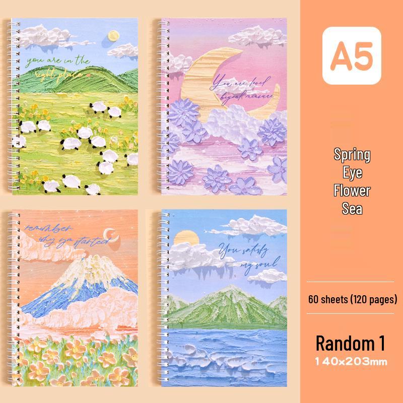 Cartoon Oil Painting A5 Side-Bound Lined Notebook - Cute, Thick, Student-Friendly