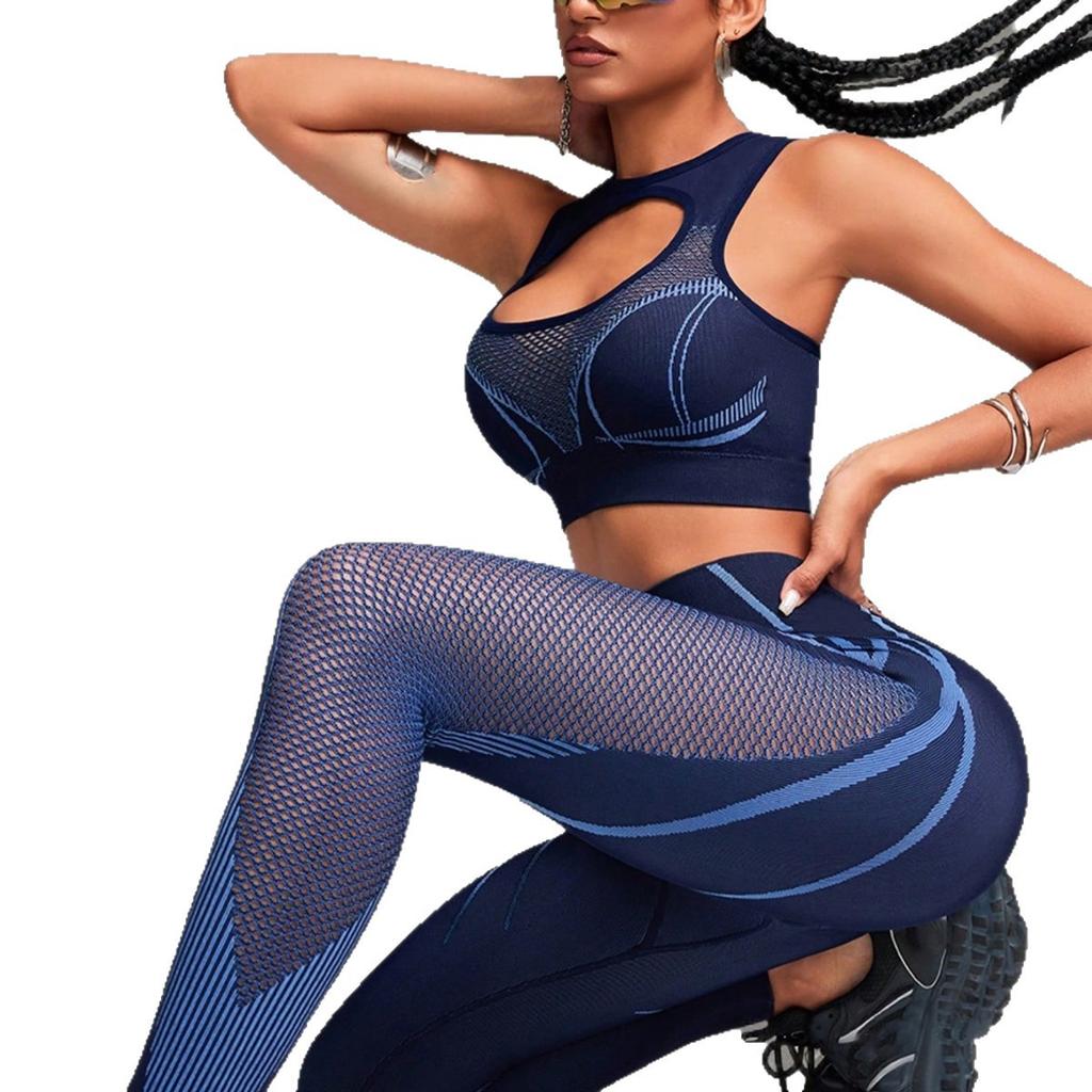 JYL High Strength Sports Seamless Yoga Set Padded Vest Mesh Pants