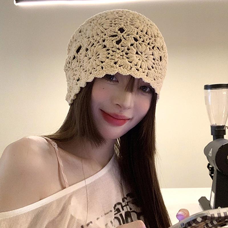Women'S Solid Color Crochet Hollow Knitted Hat Summer  Vintage Beanie