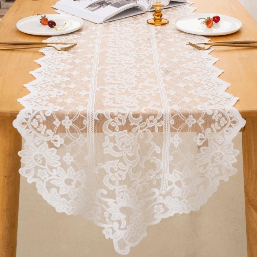 

Romantic Elegant Lace Table Runner Long Strip Shape French Style Vintage Tablecloth Polyester Washable Table Flag Party 27.56-70.87in білий