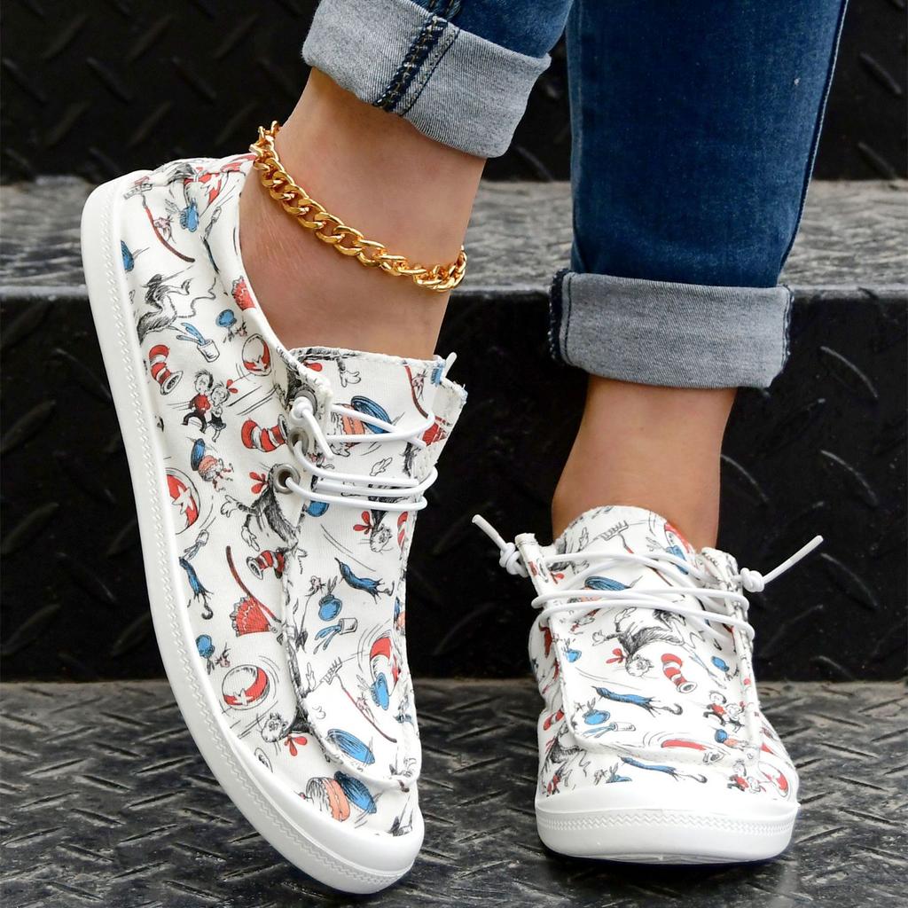 Women's Cartoon Print Flat Loafers, Lightweight Round Toe Comfortable Lace Up Slip On Canvas Shoes, Casual Low Top Shoes