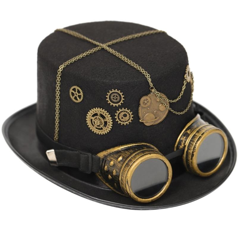 Steampunk Zylinder Einheitsgröße Wolle Viktorianische Hüte mit Brille Unisex Kostüm Zylinder Gothic Hippie Mützen Halloween Requisiten
