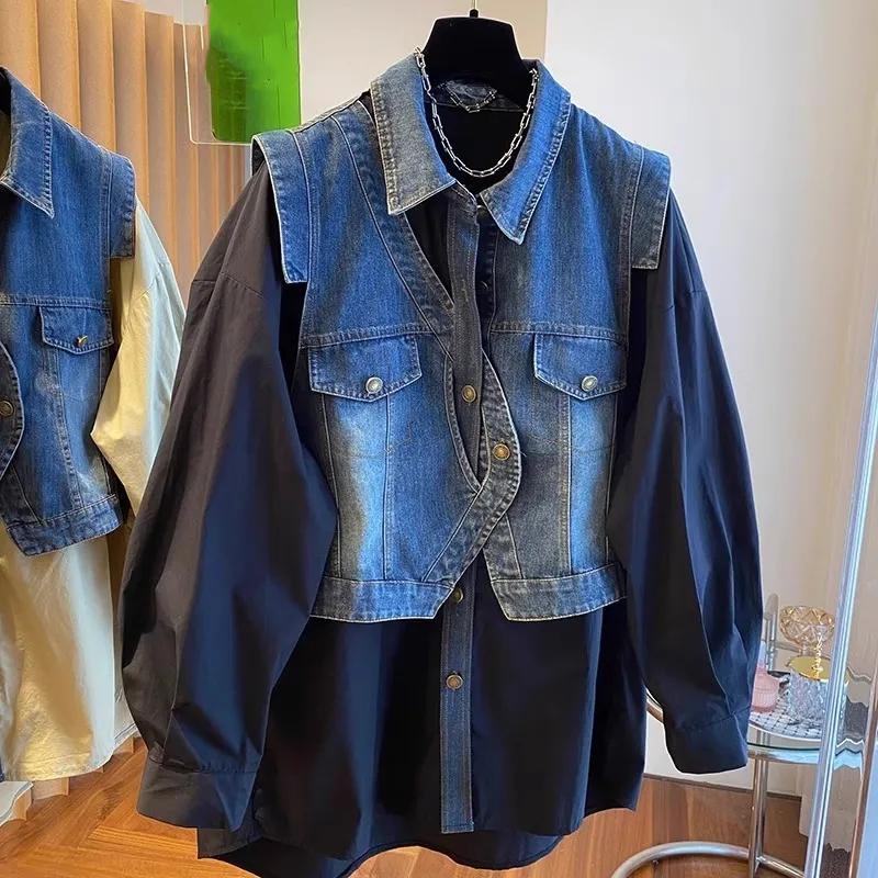 

Женская джинсовая рубашка в стиле пэчворк, модные повседневные топы Y2k 4XL чёрный