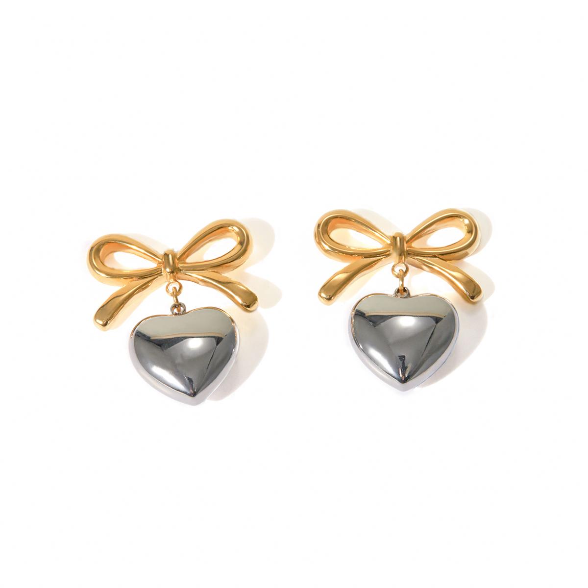 Yori Stainless Steel Bow Heart Pendant Earrings 18K PVD Plated Waterproof Temperament Daily Jewelry