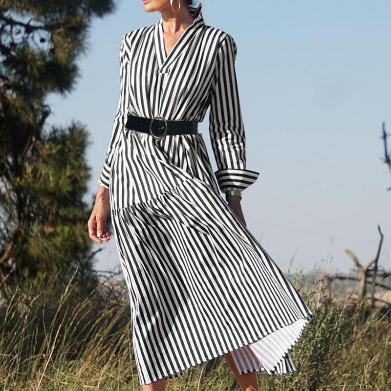 Spot Autumn New European and American Women's Clothing Long-sleeved V-neck Medium and Long Striped Dress