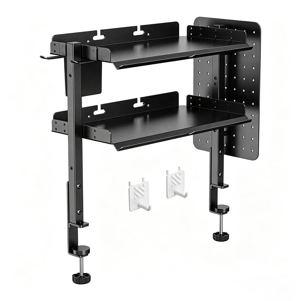 BRLLICZ Desk Storage Rack No Drilling Adjustable Shelves Clamp Can Be Installed Under Includes Perforated Pen and Earphone Stand for Cable Easy Desk