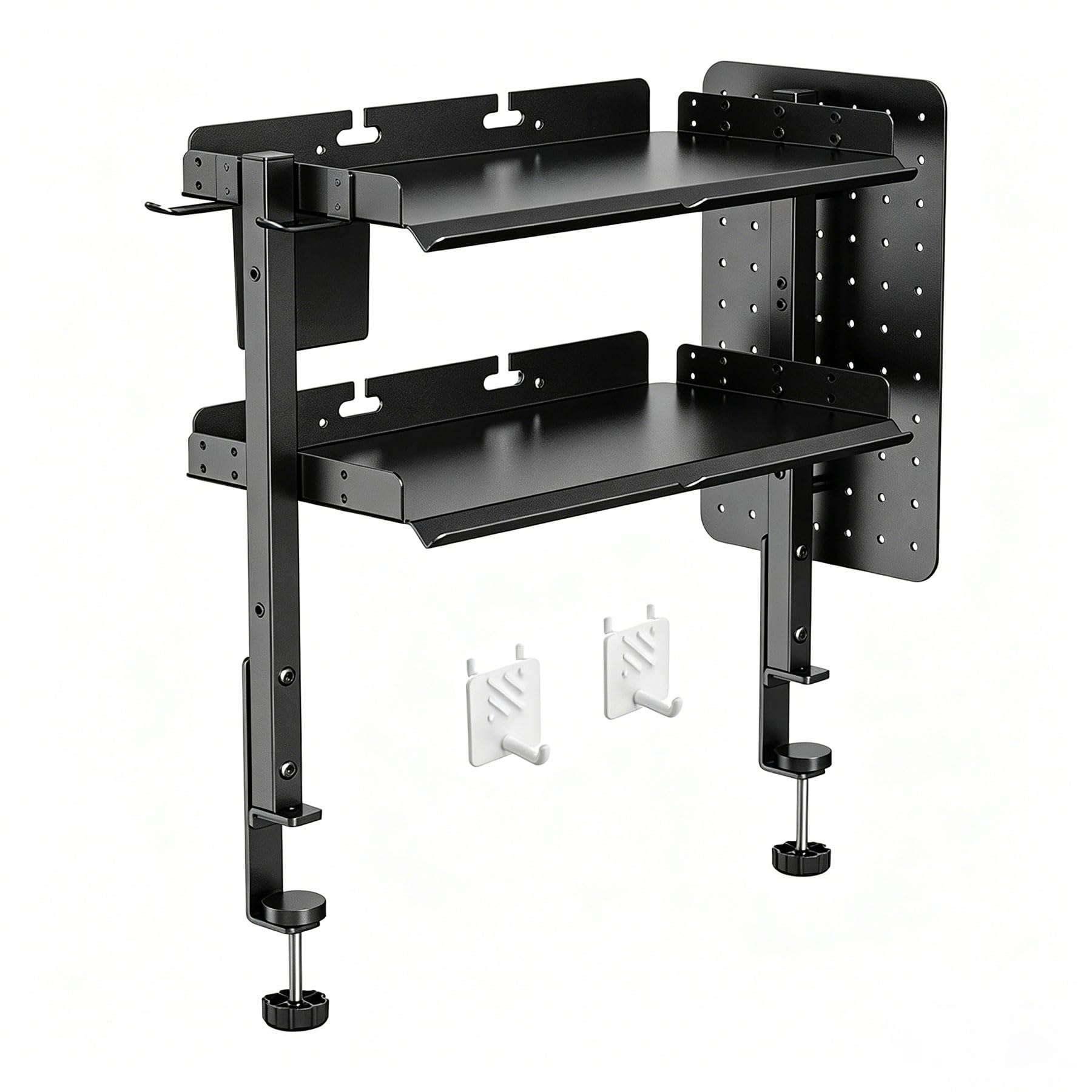 

BRLLICZ Desk Storage Rack No Drilling Adjustable Shelves Clamp Can be Installed Under Includes Perforated Pen and Earphone Stand for Cable Easy Desk чёрный