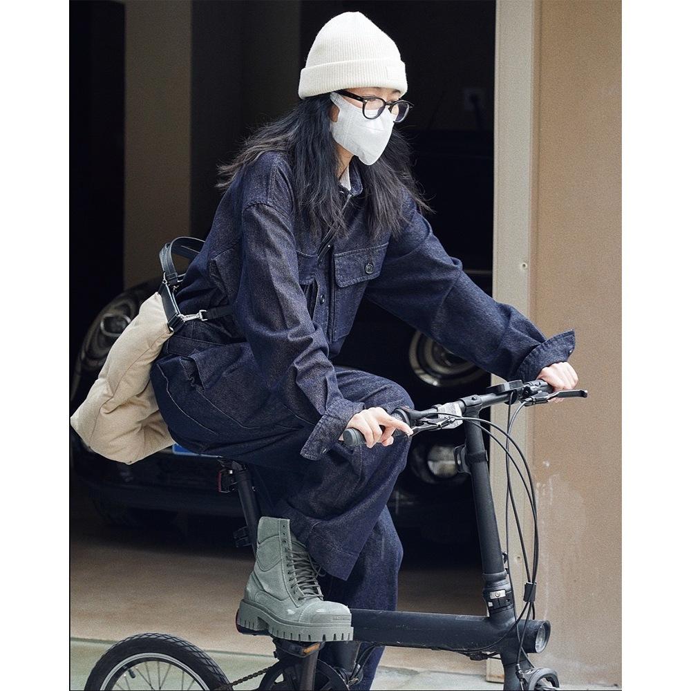 Women Cargo Denim Jumpsuit Lapel Long Sleeve Belted Loose Wide Leg Casual Overalls Streetwear Rompers