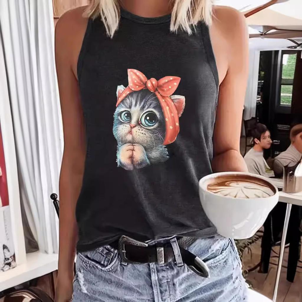 Cat-printed Women's Round-neck Vest for Spring and Summer Casual Sleeveless Top