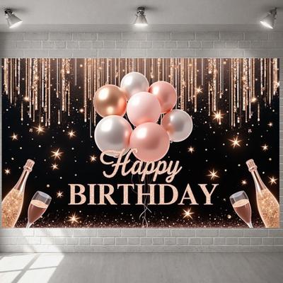 Sparkle Background Champagne Glasses Birthday Display Cheers Display Pink Balloons Party Backdrop For Women's Gathering Festive