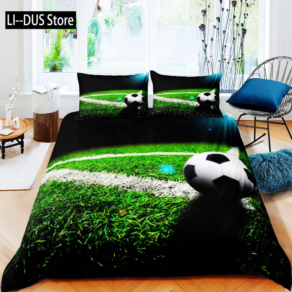 Green Football Field King Queen Duvet Cover Soccer Field Comforter Cover Boys Men Sport Games Bedding Set Polyester Quilt Cover