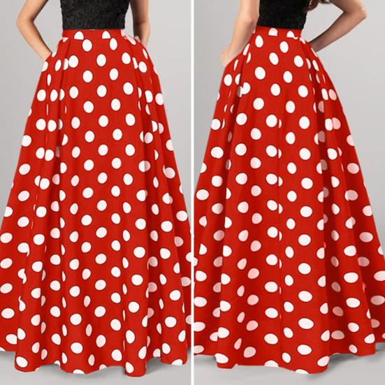 Women Maxi Skirt High Waist Color Matching Dot Print Retro A-line Big Hem Side Pockets Loose Full Length Soft Elastic Waist Lady Prom Party Long Skirt