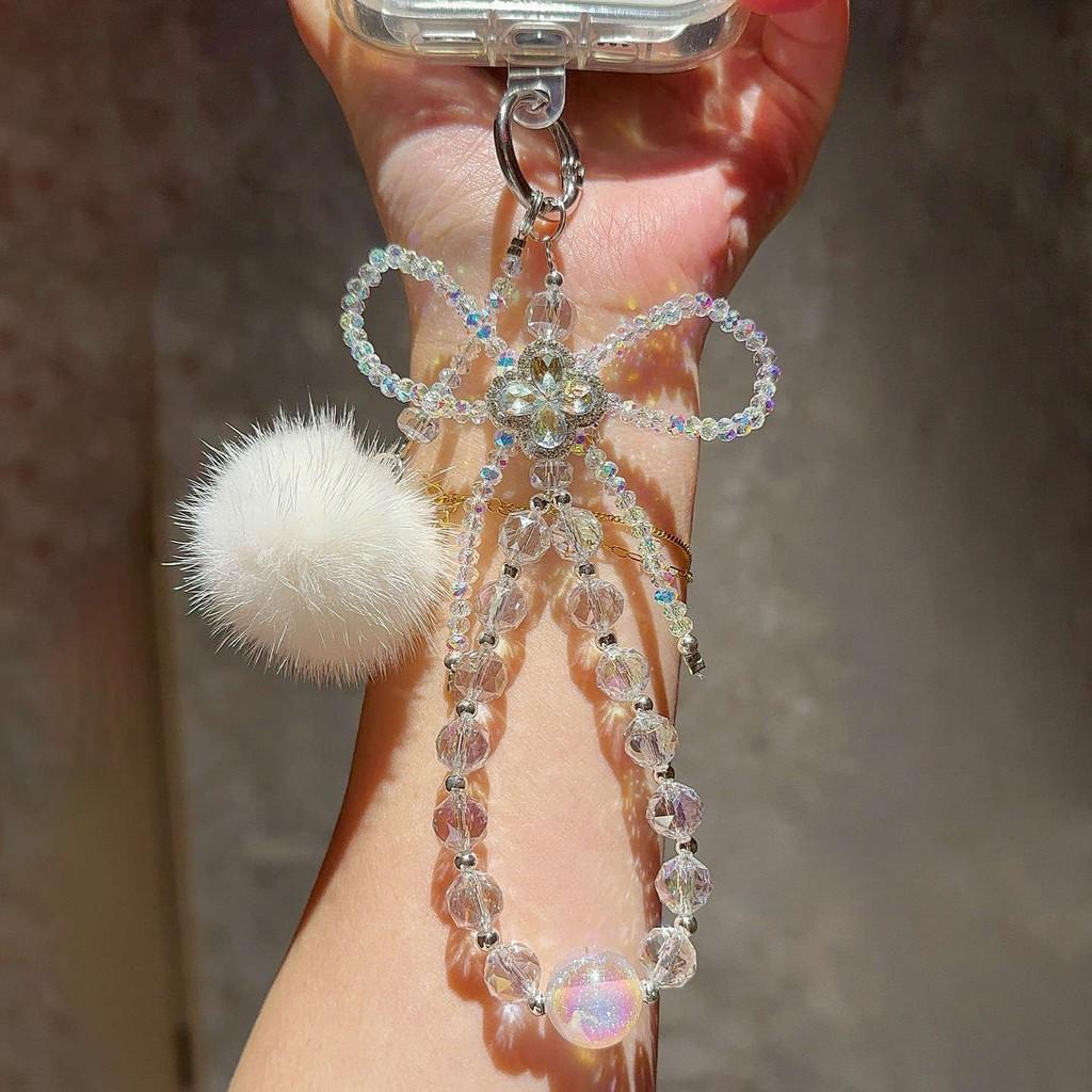 Bow Round Ball Plush Phone Chain With Keychain Attachment For Ladies Fashion Accessory