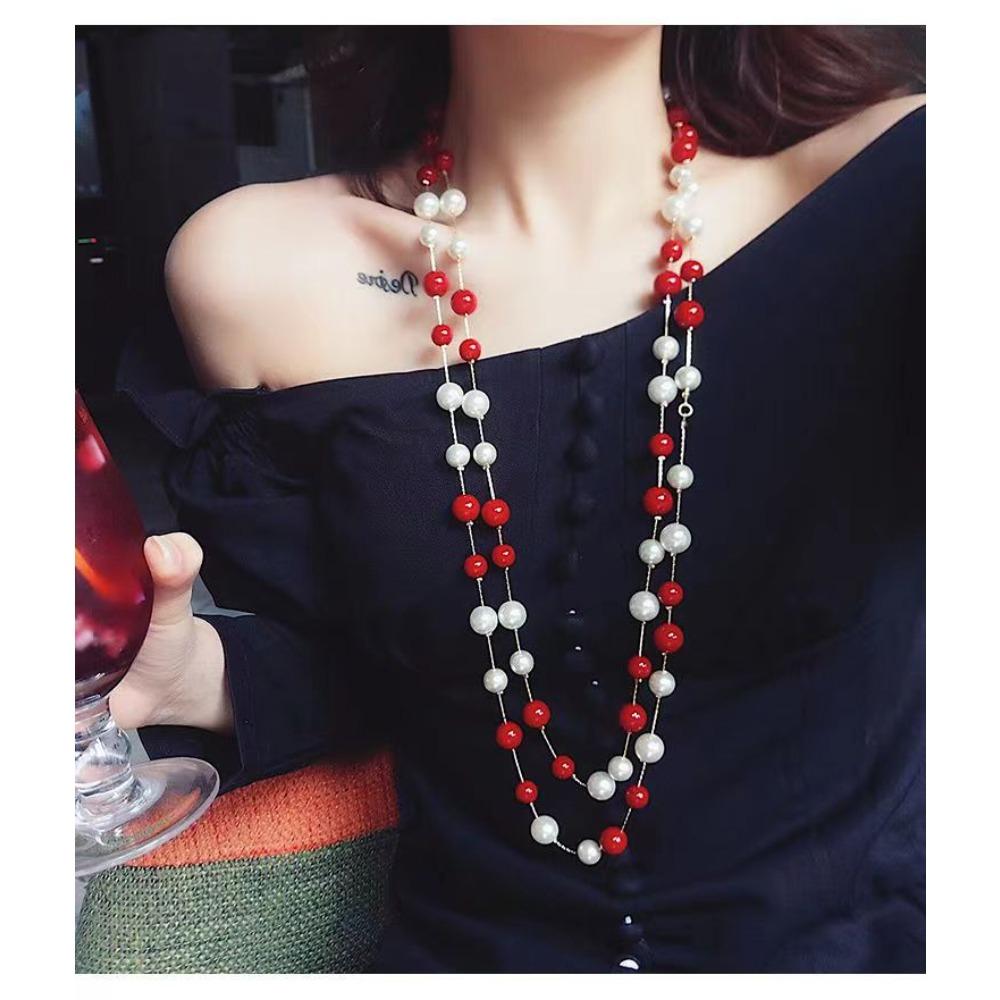 JMXD French Chic Elegant Womens Long Glass Pearl Layering Necklace Fashion Versatile Vintage Style Must Have Jewelry