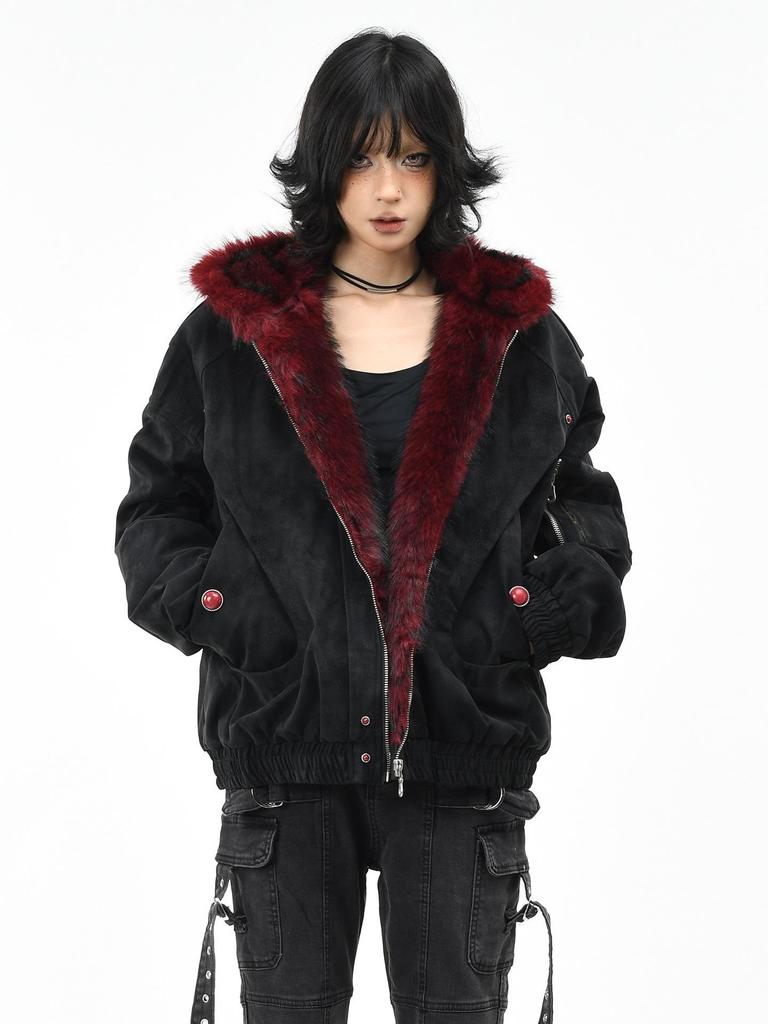 Men's Red Fur Collar Retro PU Leather Cotton Jacket - Heavyweight Warm Outerwear