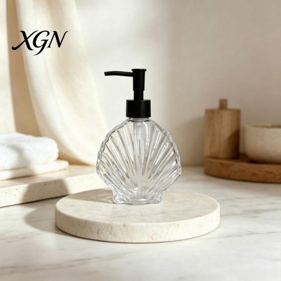 Lotion Glass Container 400ML Beach Seashell Refillable Soap Dispenser, Liquid Hand Bottle Container, Pump for Bathroom Kitchen Countertop Dispenser