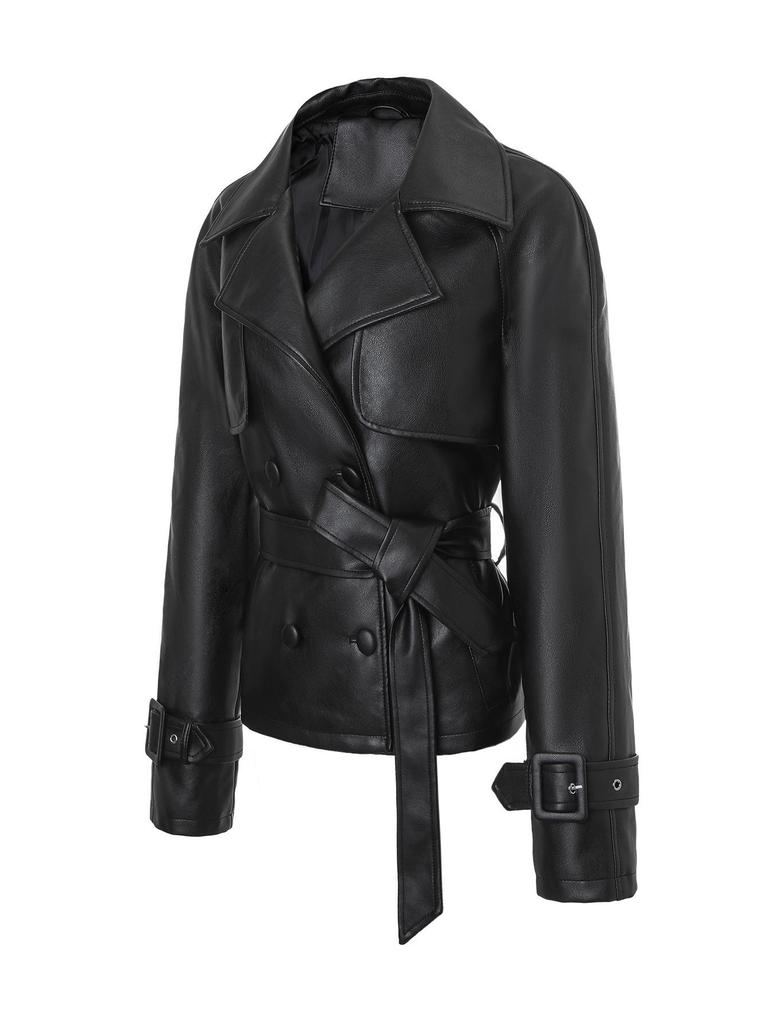 European and American Style PU Leather Motorcycle Jacket with Lapel, Double-breasted Design, Adjustable Waist Belt, for All Seasons