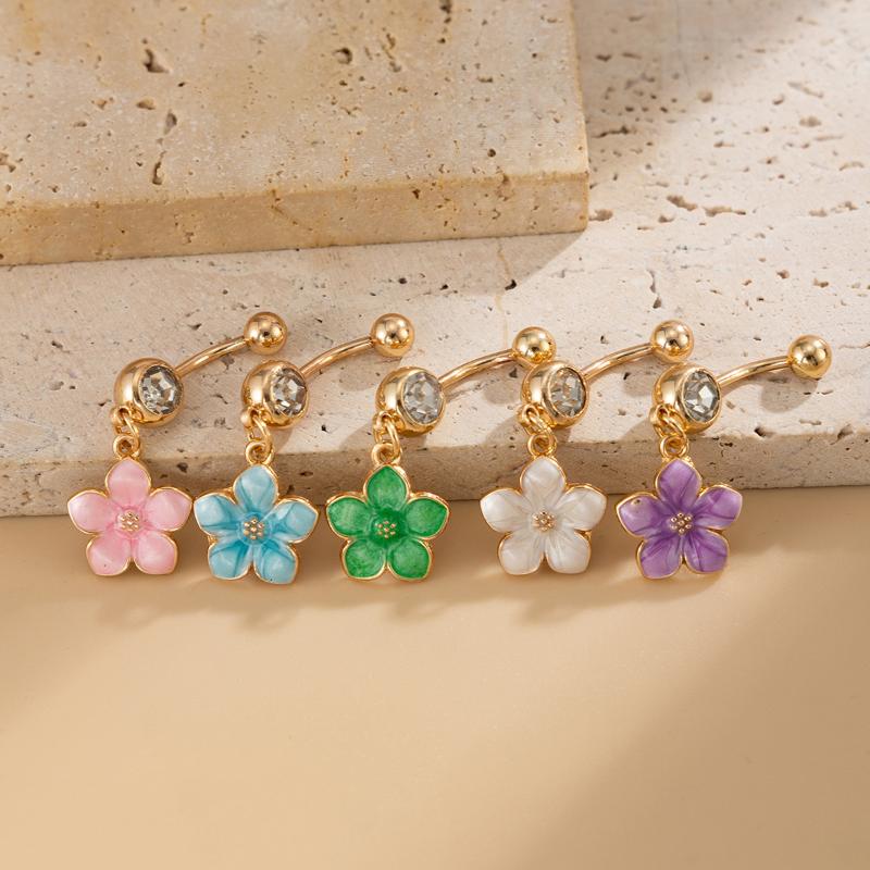 Colorful Flower Dangle Belly Button Rings For Women Girls, Cute Floral Dangle Navel Ring Piercing Jewelry For Summer Party Beach