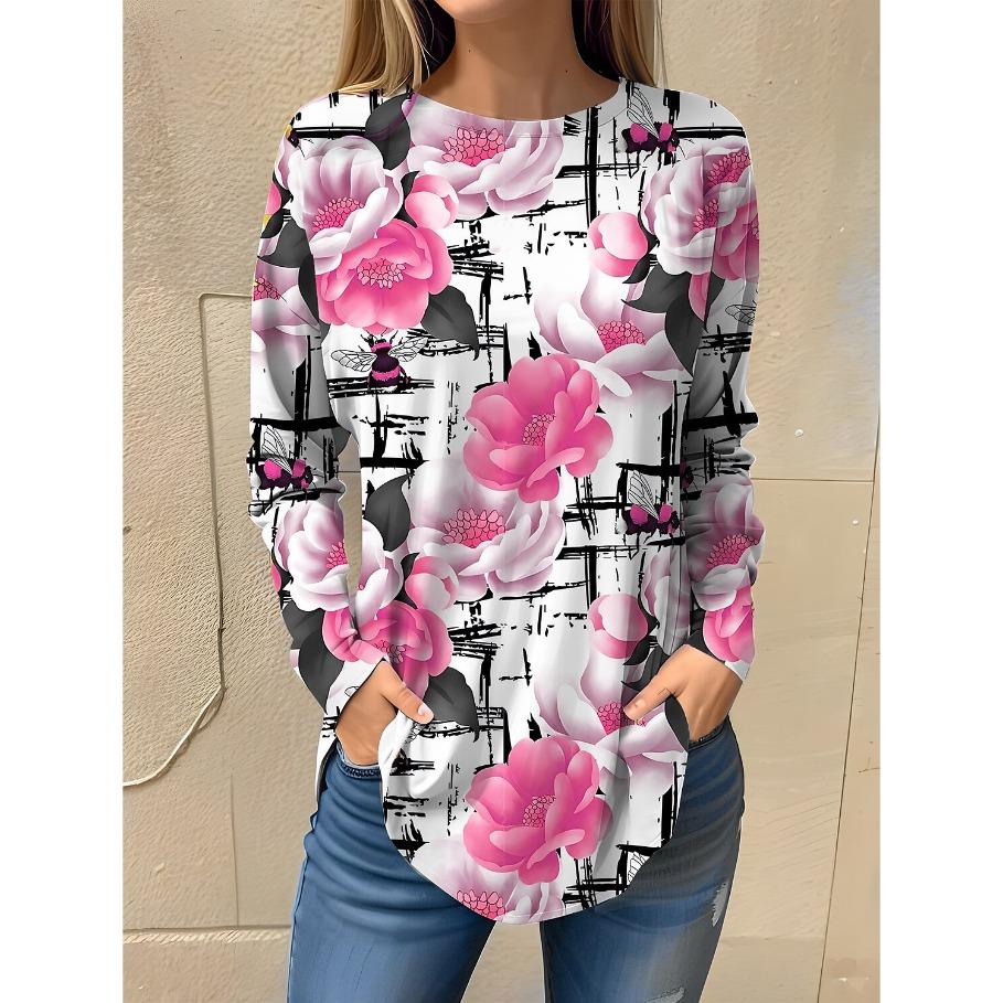 

Женские футболки с длинными рукавами и цветочным принтом, повседневные и модные, для активного отдыха, с круглым вырезом, приталенные футболки для весны и осени 5XL