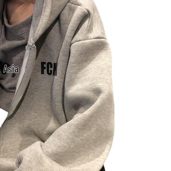 2022 Autumn/Winter Women's Korean Style Letter Print Fleece Zip-Up Hooded Cardigan