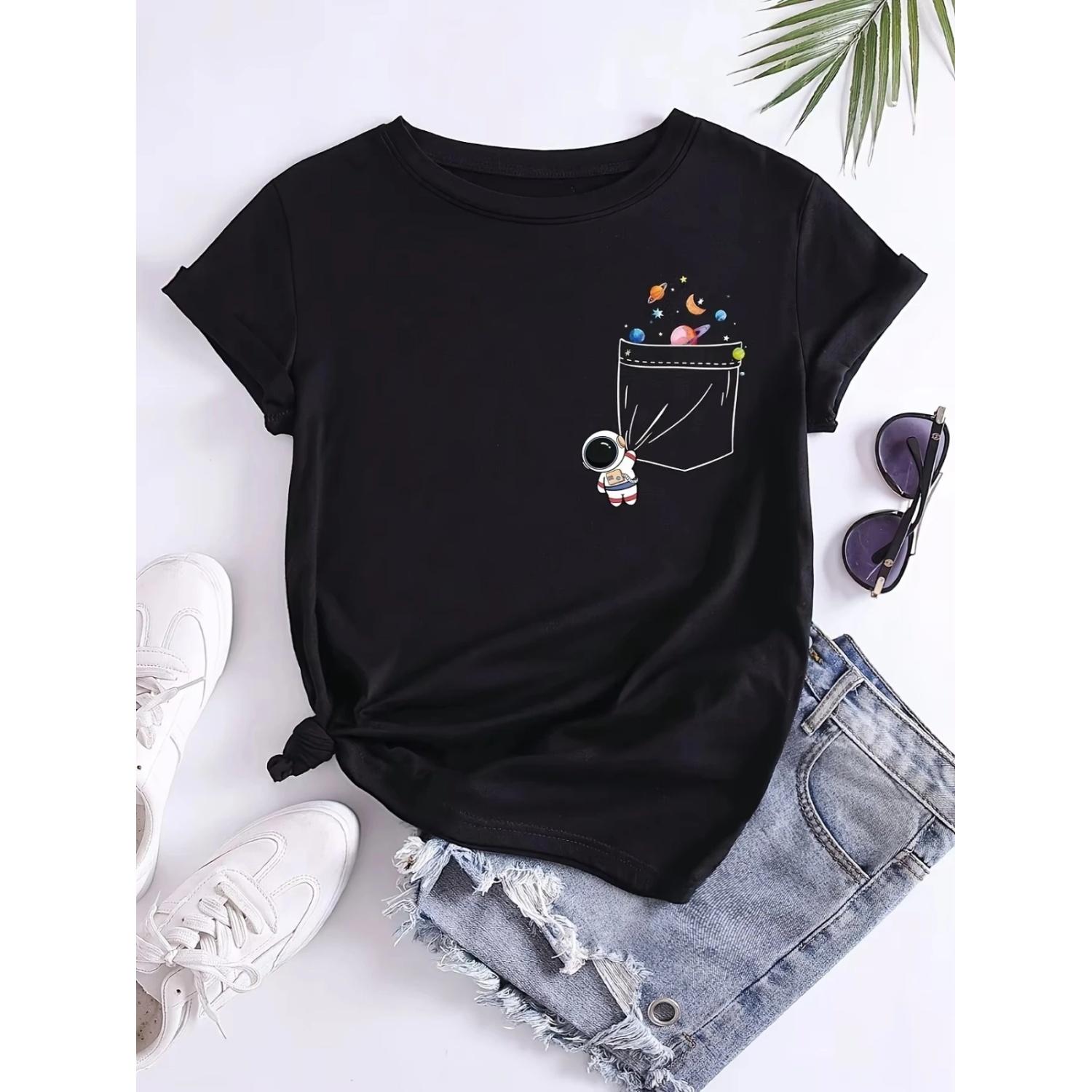 Pocket Cartoon Astronaut Planet Print T-shirt Short Sleeve Crew Neck Casual Top Summer Spring Women s ClothingInnovative Design S чёрный