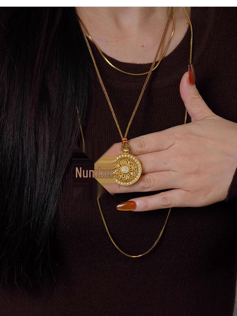 Goldene Drehbare Glücksbringer Acht Schätze Luo Pan Anhänger Halskette - Damen Vintage Chinesischer Stil Accessoire