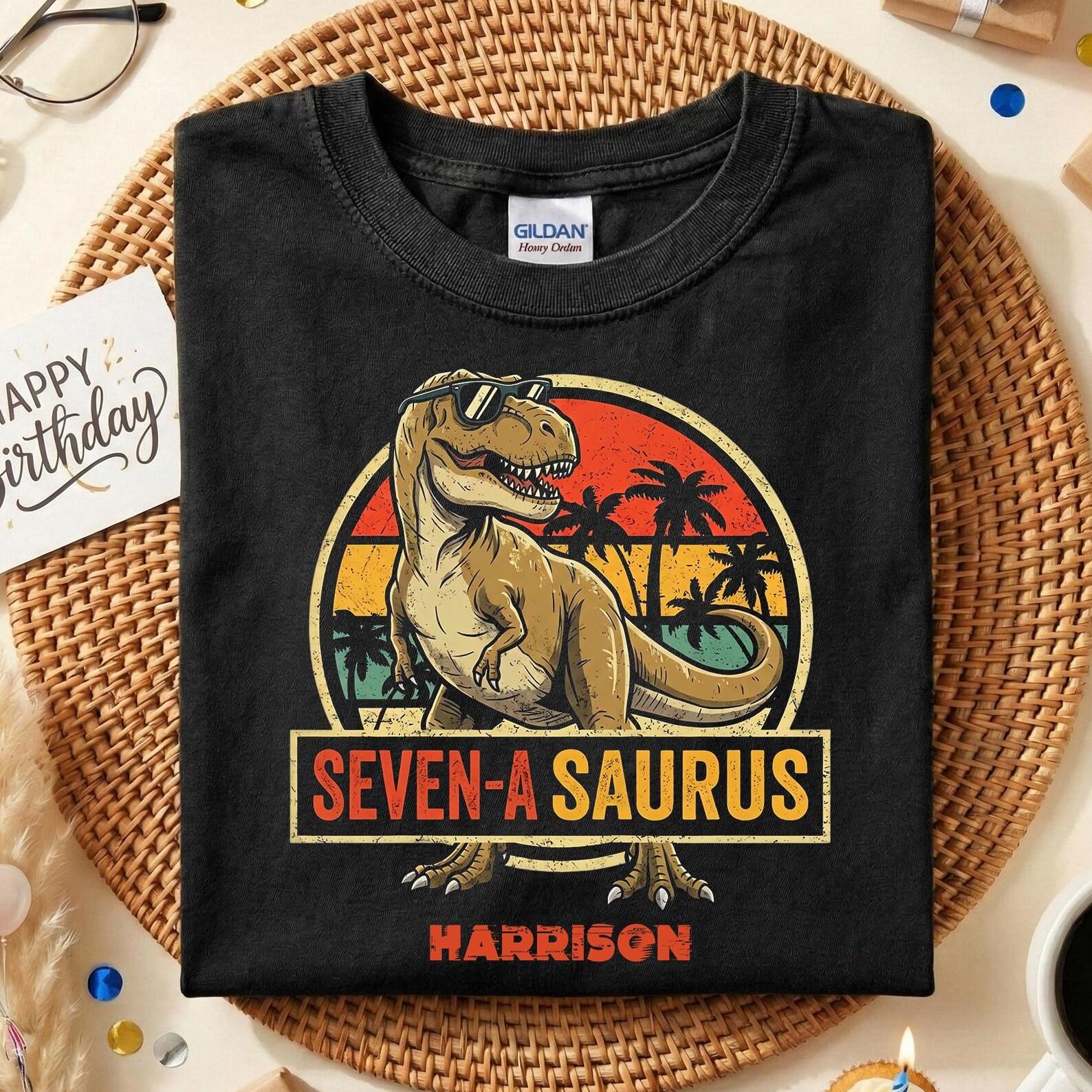 Custom Name Seven A Saurus Birthday T-shirt, Personalized 7th Birthday Boy, Fourasaurus Dinosaur Birthday Shirt, Dino Saurus Birthday Shirt 150