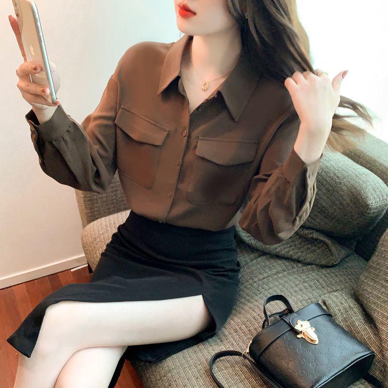 2024 Autumn Ladies' Coffee Color Polo Collar Long Sleeve Shirt