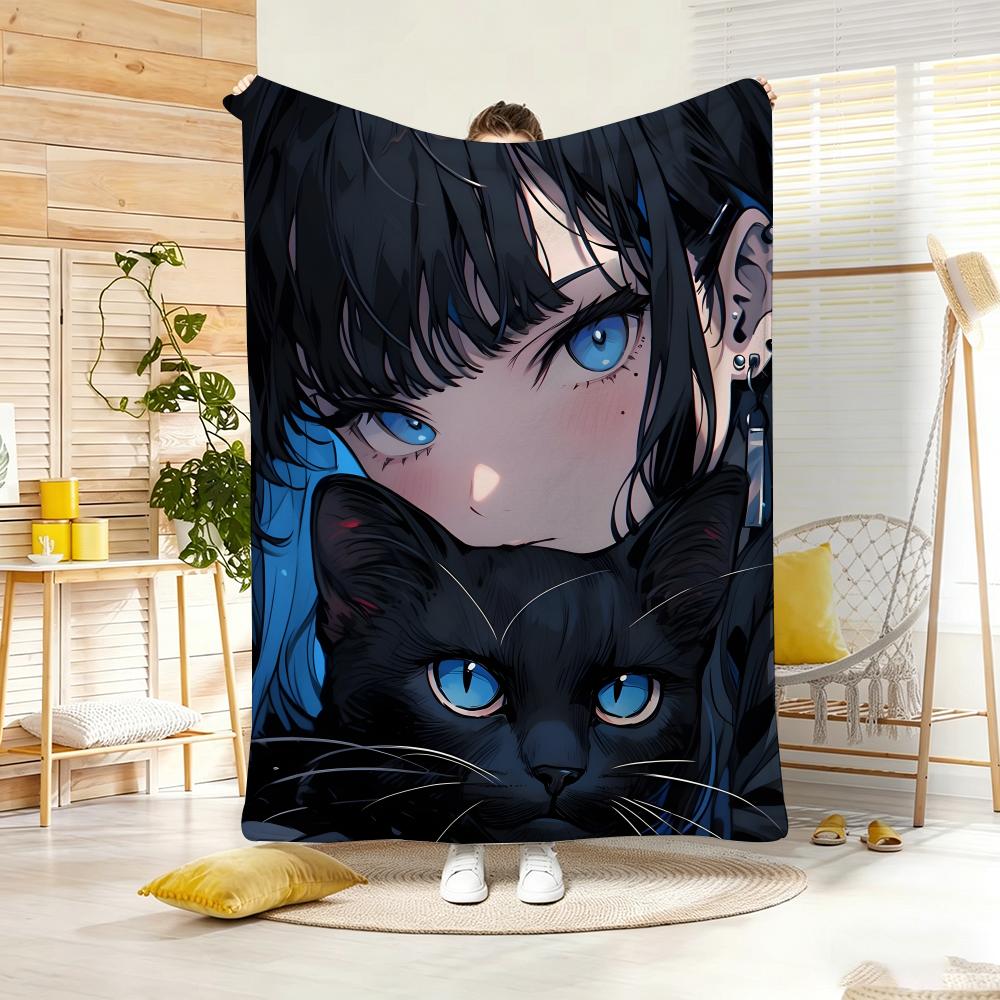 Semi realistic Dark aesthetic cat anime Throw Lightweight 240g Flannel Blanket Soft Skin-friendly for Summer Cooling
