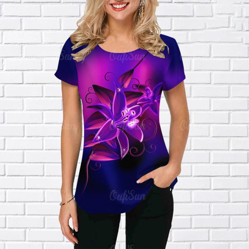 

Жіноча футболка з квітковим принтом. Фіолетовий одяг для жінок. Модні повсякденні футболки з короткими рукавами. Жіночий великий світшот. Топи з круглим вирізом 7XL
