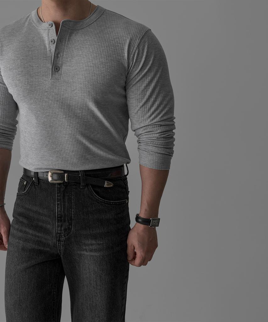 Baulopeulodeogteu Soft Ribbed Muscle Henley Neck Knit Tee [Gray]