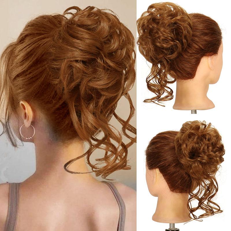 Unordentlicher Dutt Haarteil Wellig Lockig Synthetisch Hochsteckfrisur Chignon Fake Scrunchies Pferdeschwanzverlängerung für Damen Dunkelbraun