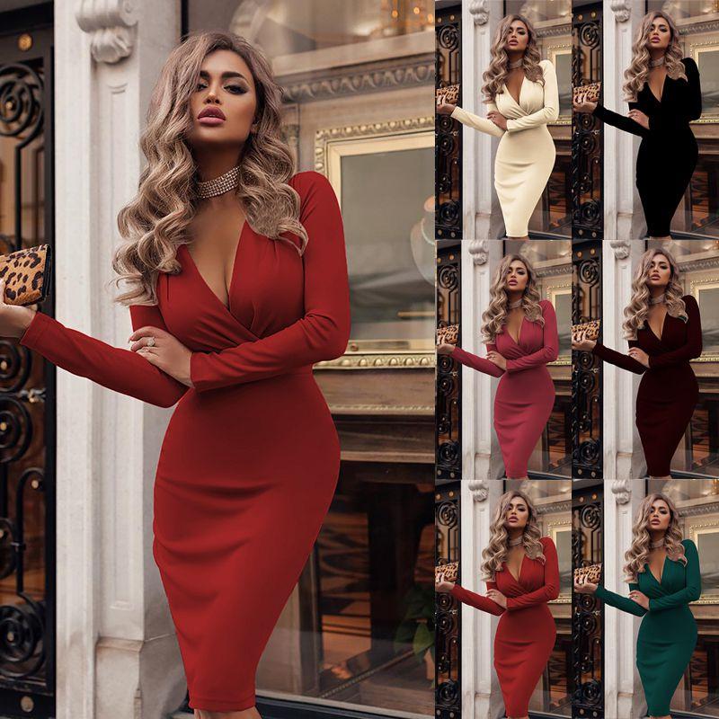 Neck Women V Long Sleeve Bodycon Sexy Dress Ladies Casual Evening Clubwear Party