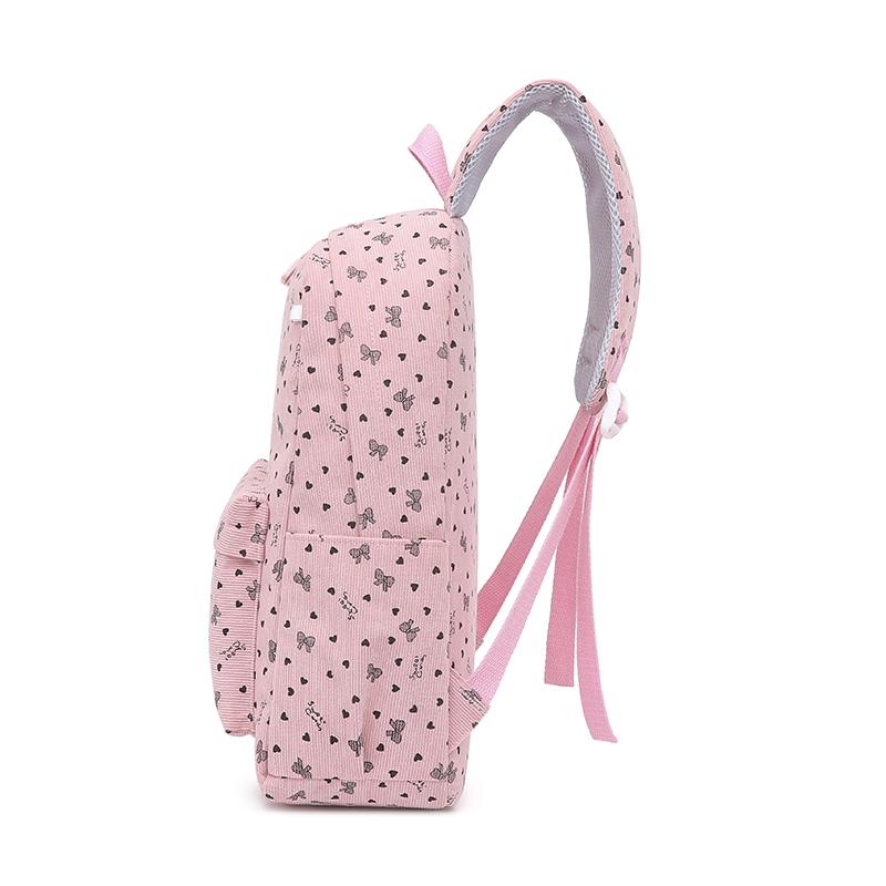 Three-Piece Backpack Set Bow Printed Corduroy Large Capacity Handbag Multi-Functional Backpack with Lunch Bag Pen Bag