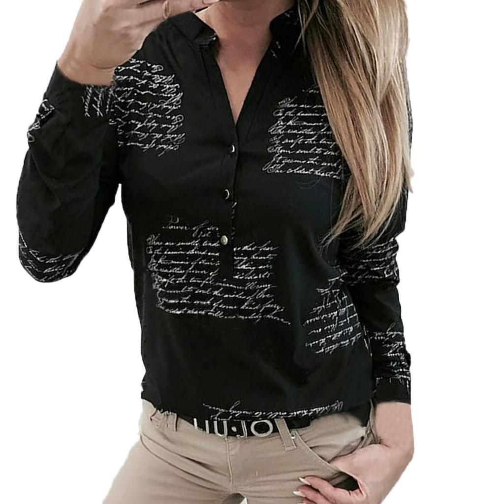 Women V Neck Letters Printing Button Long Sleeve T-Shirt Tops Blouse