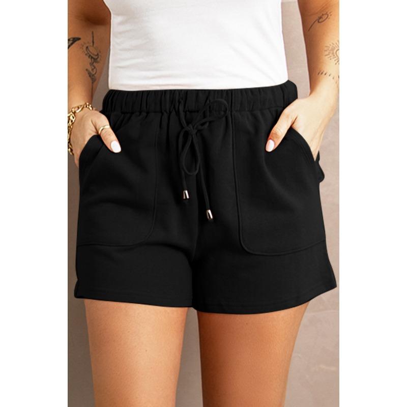 Women Solid Color High Waist Loose Straight Drawstring Casual Summer Shorts