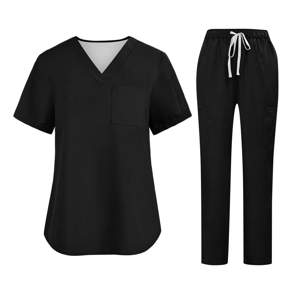Soild Scrub Working Uniform Suit For Women's Cross V-Neck Short Sleeve Fun T-Shirts Workwear Tee With Pockets