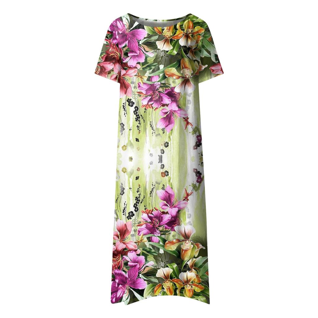 Damen-Freizeitkleider, bedruckte Kleider, Sommerkleider, bedruckt, plissiert, Rundhals-Midi-Kleider, Basic, klassisch, Outdoor, täglich, kurzärmelig, lockere Kleider